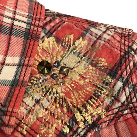 Y2k True Religion Fresh Peach Plaid Button Down Shirt Western Styling Gold Logo - Picture 5 of 16